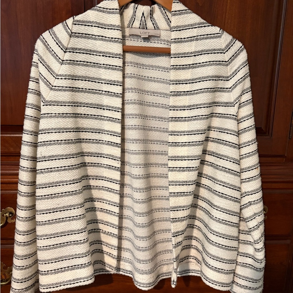 LOFT Black and White Striped Cardigan Blazer Medium Petite